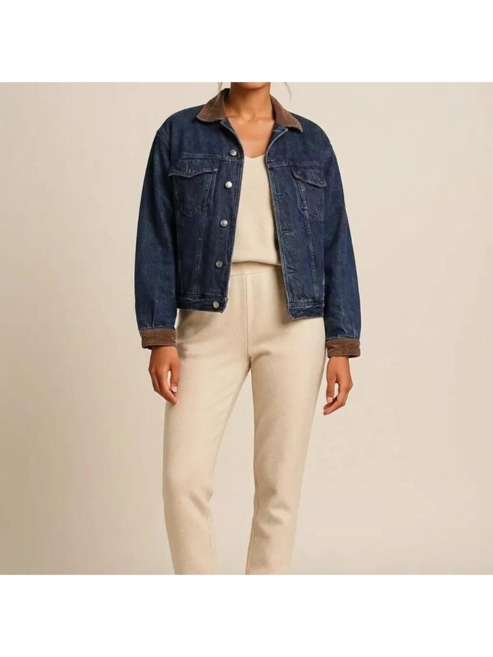 Denim Jean Jacket with Leather Collar Quilted Lining Vintage - Picture 11 of 15